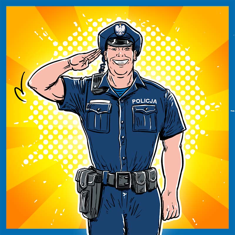 ilustracja komiksowa Policjant do gry BEZPIECZNI NA DRODZE Z POLICJĄ od KangurGra.pl