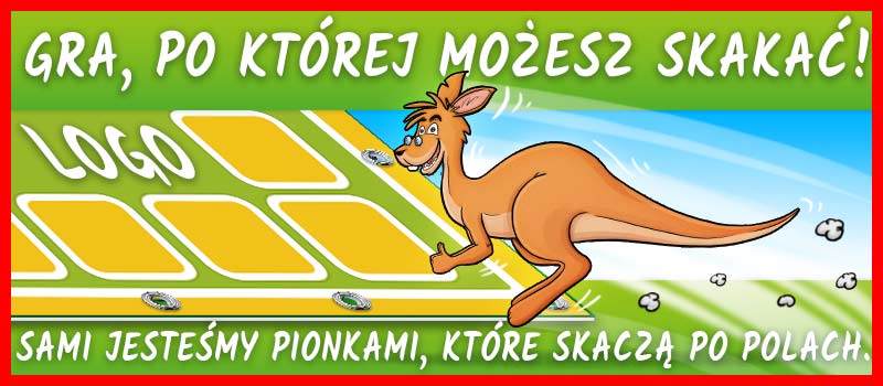 Gra XXL jest tak wielka, że można po niej skakać jak kangur. Grafika promocyjna do wielkich gier XXL do skakania, nauki i zabawy od KangurGra.pl
