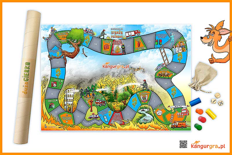 Edukacyjna, integracyjna eko gra planszowa dla dzieci o Straży Pożarnej. Gra BEZPEICZNI ZE STRAŻĄ POŻARNĄ dla dzieci uczy jak zachować się podczas pożaru i chronić się przed ogniem. Ekologiczna gra planszowa, stolikowa do nauki, zabawy i ćwiczenia od KangurGra.pl