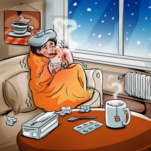 ilustracja komiksowa - przeziębienie, grypa, wirus - do gry PANDEMIA GRYPY od KangurGra.pl