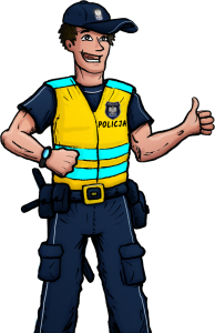 ilustracja komiksowa Policjant do gry BEZPIECZNI NA DRODZE Z POLICJĄ od KangurGra.pl