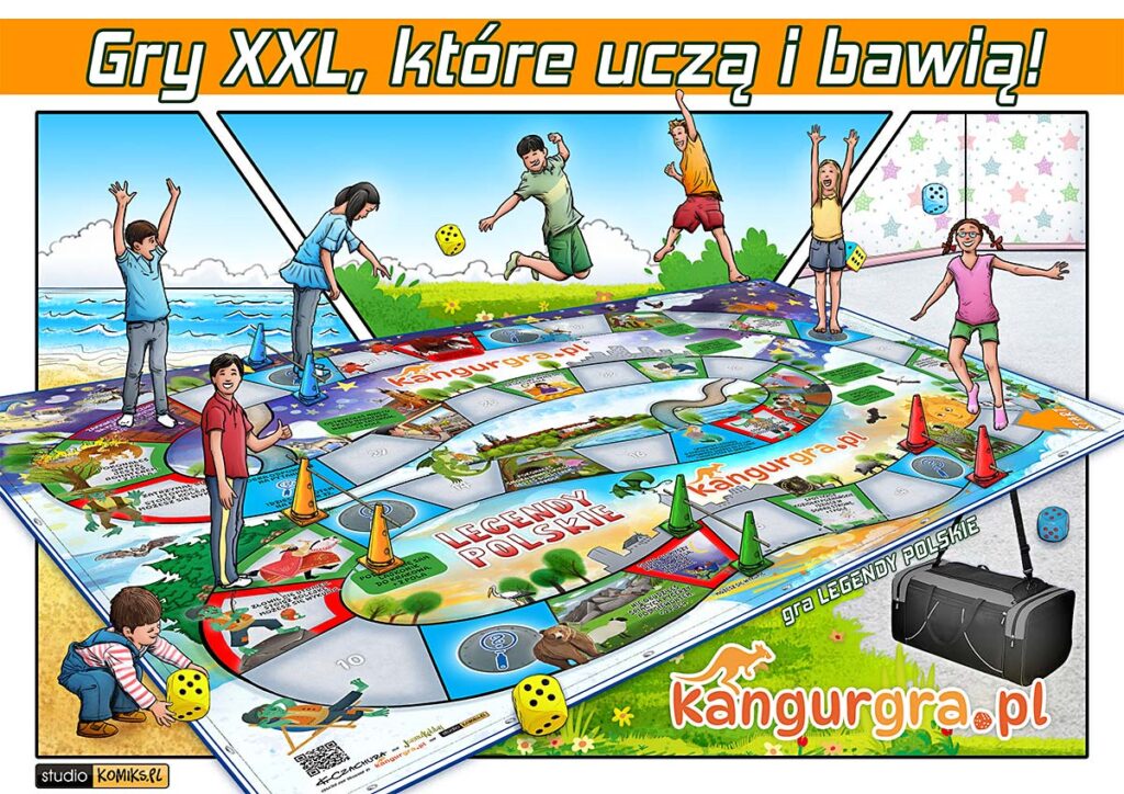 Edukacyjna, wielka gra planszowa dla dzieci, do nauki, zabawy, i ćwiczenia – LEGENDY POLSKIE – gra giga wielkiego formatu od KangurGra.pl Gra edukacyjna do nauki o polskich legendach, kulturze i historii. Duża gra planszowa Legendy Polskie do nauki, zabawy, skakania i ćwiczenia. Edukacyjna, integracyjna, wielka, gra super dużego formatu o polskich legendach i baśniach.