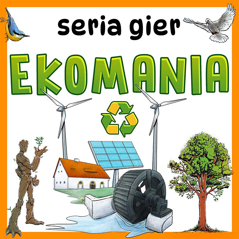 grafika logo, komiksowe serii edukacyjnych, ekologicznych gier planszowych dla dzieci - EKOMANIA - od KangurGra.pl eko gry planszowe
