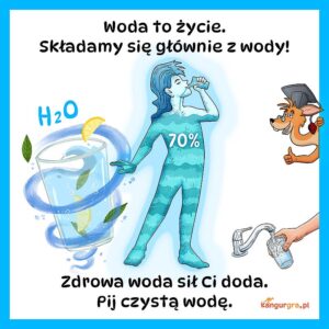 ilustracja, grafika komiksowa dla dzieci - CZYSTA WODA - seria ekologicznych gier planszowych, podłogowych, plenerowych XXL do skakania dla dzieci - EKOMANIA - od KangurGra.pl Skoczne gry, które aktywizują dzieci do ruchu i zabawy integracyjnej.