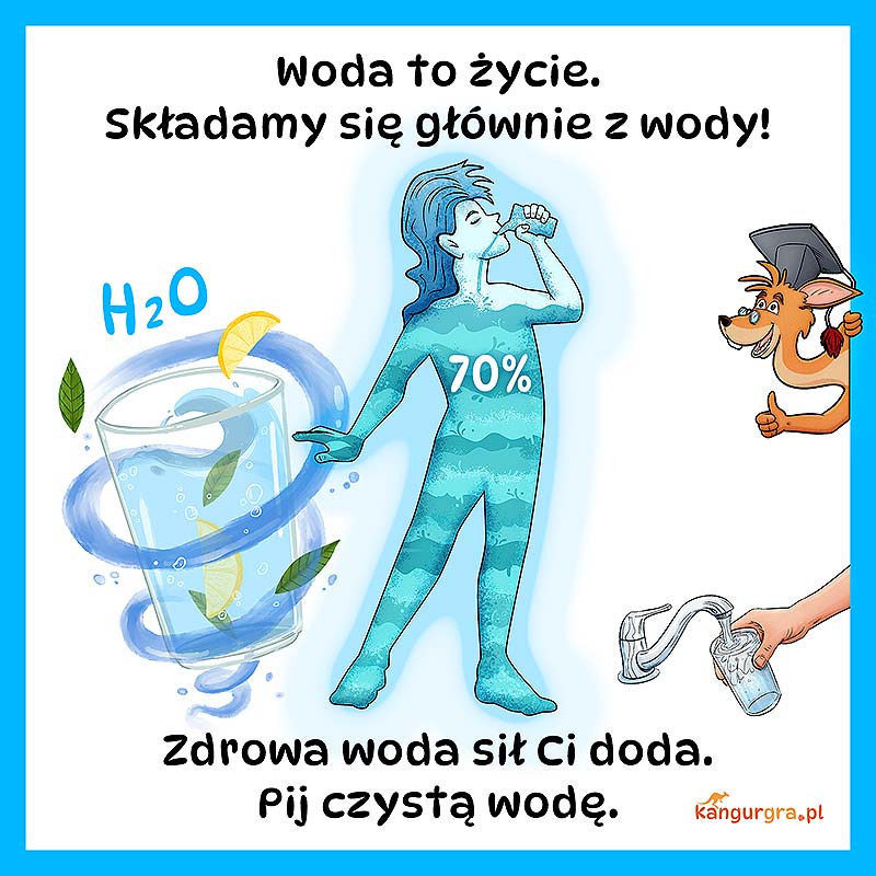 ilustracja, grafika komiksowa dla dzieci - CZYSTA WODA - seria ekologicznych gier planszowych, podłogowych, plenerowych XXL do skakania dla dzieci - EKOMANIA - od KangurGra.pl Skoczne gry, które aktywizują dzieci do ruchu i zabawy integracyjnej.